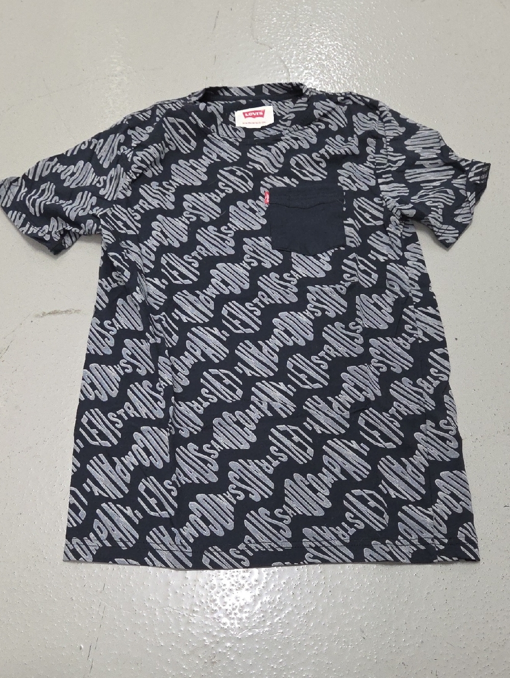 Levi's Black Tee with Allover Gray Script Print and Chest Pocket